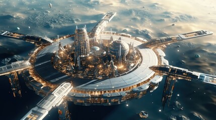 Wall Mural - massive space station orbiting a distant planet or a futuristic spaceport bustling with intergalacti