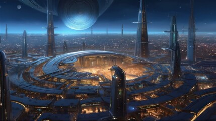 Wall Mural - massive space station orbiting a distant planet or a futuristic spaceport bustling with intergalacti