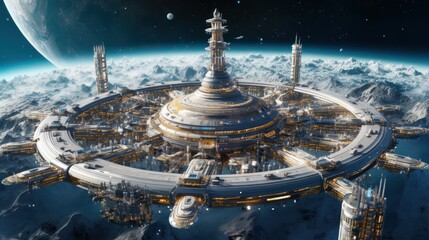 Wall Mural - massive space station orbiting a distant planet or a futuristic spaceport bustling with intergalacti