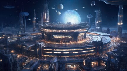 Wall Mural - massive space station orbiting a distant planet or a futuristic spaceport bustling with intergalacti