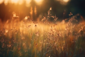 Wall Mural - Wild grass in the forest at sunset, macro image, Generative ai