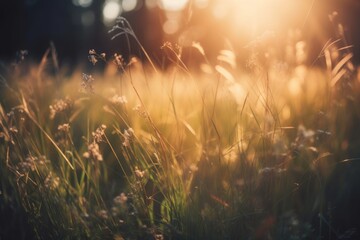 Wall Mural - Wild grass in the forest at sunset, macro image, Generative ai