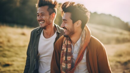 Happy multinational, Asian, gay couple enjoying a walk in the park together during a date, sunlight, smiling, laughing, LGBT couple concept, AI Generated