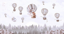 Baby's Animals In Hot Air Ballons, Pines, Clouds And Little Houses