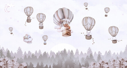 Naklejka na meble Baby's animals in hot air ballons, pines, clouds and little houses