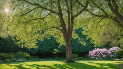 An Illustration Of A Gorgeous Park With A Bench And Trees