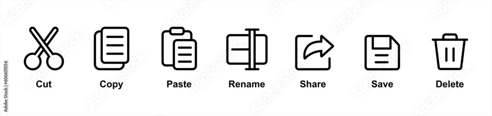 Cut Copy Rename Cut, copy, paste, rename, share, save and delete simple icon symbol ...
