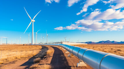 A hydrogen pipeline with wind turbines in the background