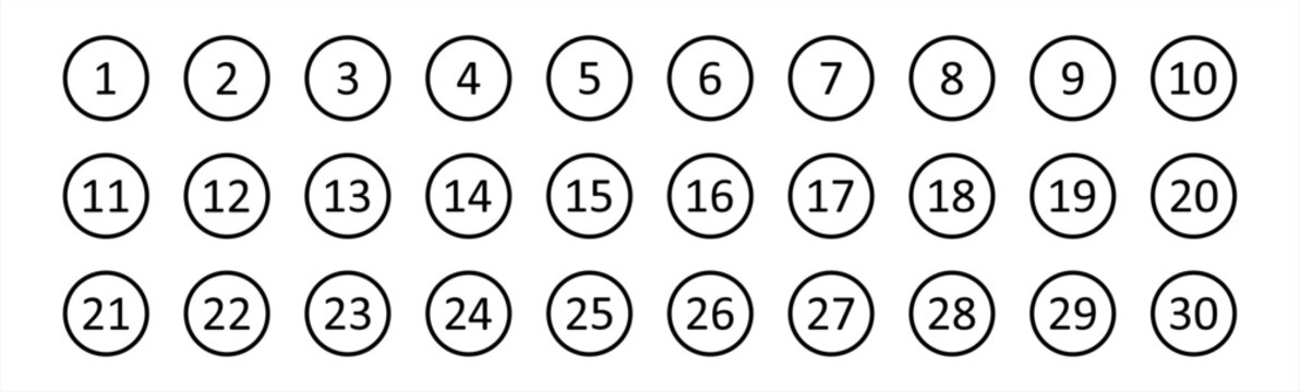 Simple round numbers icon set in line style. Set of 1-30 numbers simple black style symbol sign for apps and website, vector illustration.