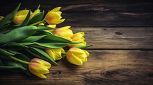 Bouquet Of Yellow Tulips Flowers On Vintage Wooden Background. Created With Generative AI Technology.