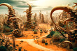 A mysterious desert landscape with strange plants, parallel world or another planet, generative AI