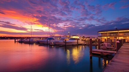 Wall Mural - beautiful twilight sky above a harbor. generative ai