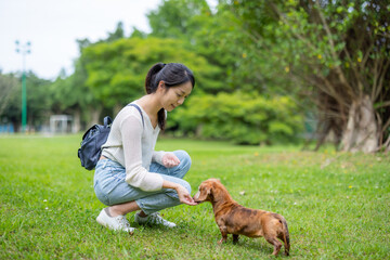 Poster - Woman feed her dog at park