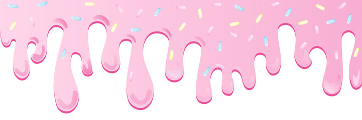 Wall Mural - Pink soft ice cream, splashes of sweet candies, long border, seamless banner pattern, vector white background