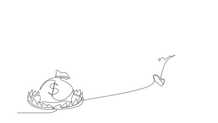 Sticker - Animated self drawing of continuous line draw money trap. Businesswoman running to catch money bag in steel bear trap. Metaphor of greedy financial risk bad solutions. Full length one line animation