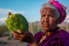 Portrait Of A Woman Holding A Prickly Pear Fruit With Vibrant Green And Magenta Colors On A Desert Background, Generative Ai