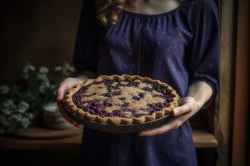 portrait of a woman holding a freshly baked bilberry pie with a golden-brown crust and a rustic kitchen in the background, generative ai