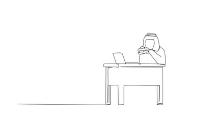 Poster - Self drawing animation of single one line draw fat obese man using laptop eating burger unhealthy lifestyle overweight male freelancer sitting at workplace. Continuous line draw. Full length animated