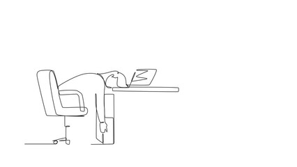 Wall Mural - Animated self drawing of continuous one line draw professional burnout syndrome. Exhausted sick tired manager in office sad boring sitting with head down on laptop. Full length single line animation