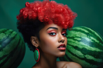 Portrait of a woman with watermelon-inspired makeup and hairstyle, holding a watermelon slice in front of her face with a green background, generative ai