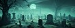 a halloween cemetery and graveyard with a full moon, in the style of dark turquoise and light green, made of mist, captivating, exacting precision, Halloween, generate ai