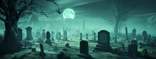 A Halloween Cemetery And Graveyard With A Full Moon, In The Style Of Dark Turquoise And Light Green, Made Of Mist, Captivating, Exacting Precision, Halloween, Generate Ai