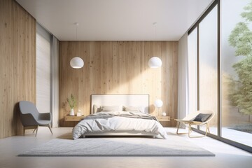 Wall Mural - Beautiful bright sunny Scandinavian Japandi minimal modern primary bedroom interior with organic furniture bedding with art mockup made with Generative Ai