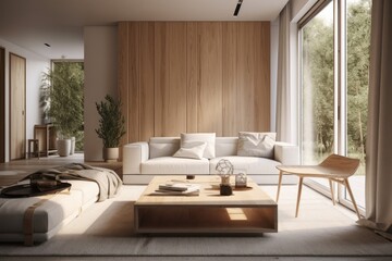Sustainable sophisticated mid century modern living family room interior with open concept staged organic furniture Made with Generative Ai