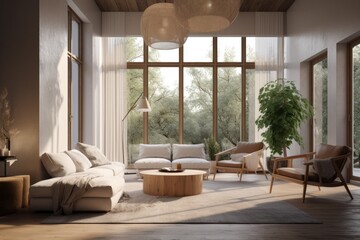 Bright spacious calm boho Scandinavian slow living living room interior with professionally styled organic  furniture with garden nature views Made with Generative Ai