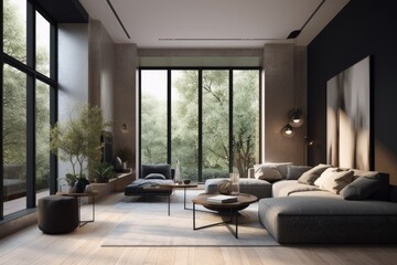 Wall Mural - Cozy Luxurious Moody minimal modern loft studio living room interior with art designer furniture and nature views Made with Generative Ai