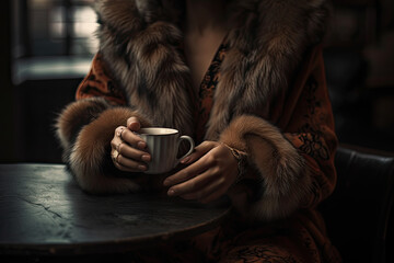 Wall Mural - a woman sitting at a table with a cup in her hand and wearing a fur stoler around her neck. Generative Ai