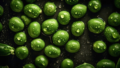 Canvas Print - Close up of clean Green peas with water drop in dark black background. Fresh fruit and Vegetable concept. Nutrition and vitamin theme. Generative AI