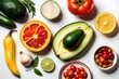 © STORYTELLER - Ingredients for the healthy foods selection. The concept of healthy food set up on wooden background.