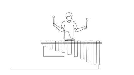 Poster - Animated self drawing of continuous one line draw man percussion player play marimba. Young musician playing traditional Mexican marimba instrument at music festival. Full length single line animation