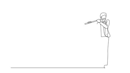 Wall Mural - Animated self drawing of continuous line draw musician playing flute, standing. Flutist performing music on wind instrument. Solo performance of talented flautist. Full length single line animation
