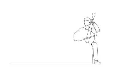 Poster - Self drawing animation of single line draw male performer playing on contrabass. Cellist man playing cello, musician playing classical music instrument. Continuous line draw. Full length animated