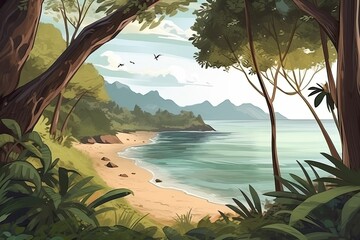 Wall Mural - serene beach landscape with a seagull in flight Generative AI