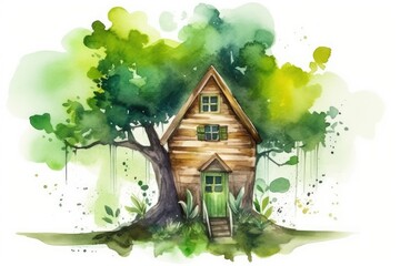 Sticker - beautiful tree house painted in watercolors Generative AI