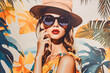 Stylish retro poster with beautiful young lady wearing sunglasses on summer background with newspapers, magazines and palm trees. Fashion pop art woman portrait illustration and collage. Generative AI