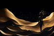 Dark and sexy woman body silhouette standing on golden dunes. 3D modern art mural wallpaper with matte black background. Dark landscape background. Minimalistic style. Generative AI