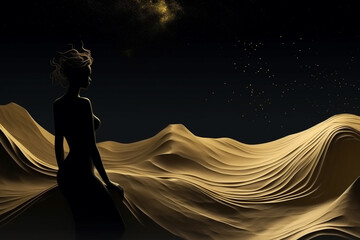 Wall Mural - Dark and sexy woman body silhouette standing on golden dunes. 3D modern art mural wallpaper with matte black background. Dark landscape background. Minimalistic style. Generative AI