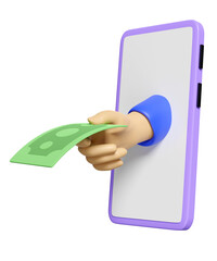 Wall Mural - 3D spend money, contributing, settle pay by smartphone concept, cartoon hands holding banknote payment for goods icon isolated. mobile phone deposit, saving money, 3d render