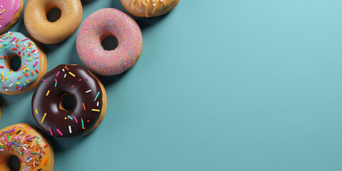 Wall Mural - colorful set of donuts with chocolate, pink, with stripes on the blue background with empty space