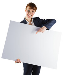 Canvas Print - Digital png photo of smiling caucasian businesswoman holding blank board on transparent background