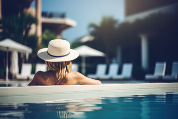 beautiful young woman in a hat relaxing in a swimming pool