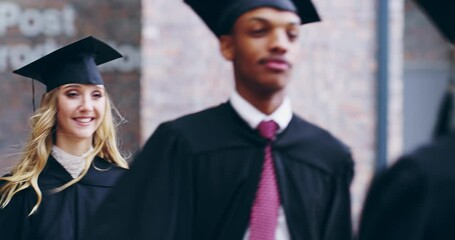 Aufkleber - Education, diversity and university students at graduation ceremony walking together outdoors. Success, achievement and people walk in line for certificate or diploma qualification at college campus