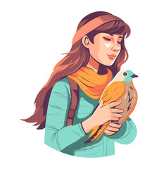 Sticker - young woman with bird in hands