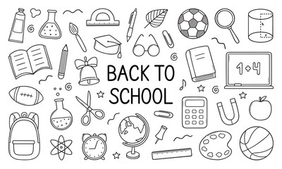 Back to school doodle set.  School supplies in sketch style. Hand drawn vector illustration isolated on white background