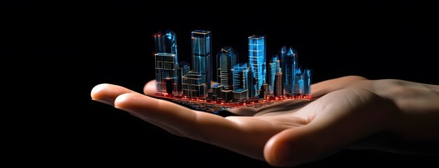 A hand holding a city floating in the air generative ai