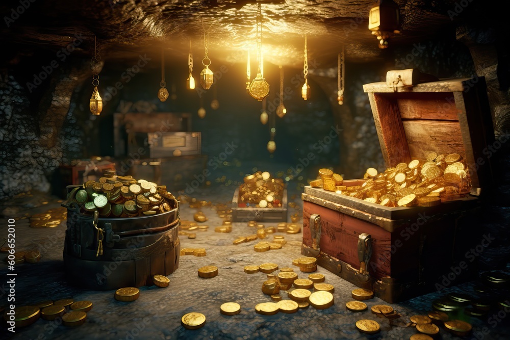 Cave with a treasure with coffers full of gold, generative ai Stock  Illustration | Adobe Stock